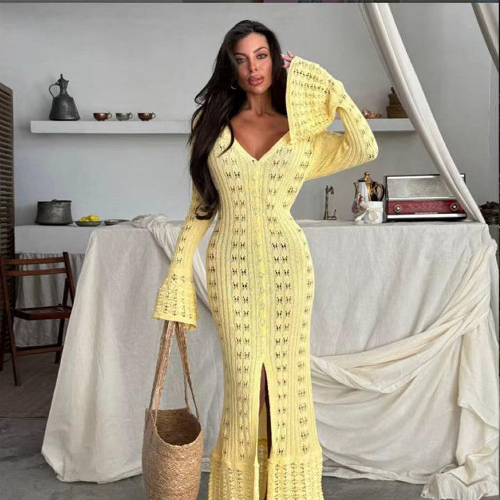 Damens Strickmaxikleid mit nostalgischem Lochmuster und elegantem V-Ausschnitt Mirla-Eva Jonsson