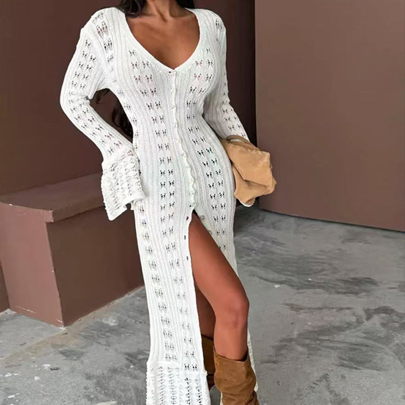 Damens Strickmaxikleid mit nostalgischem Lochmuster und elegantem V-Ausschnitt Mirla-Eva Jonsson
