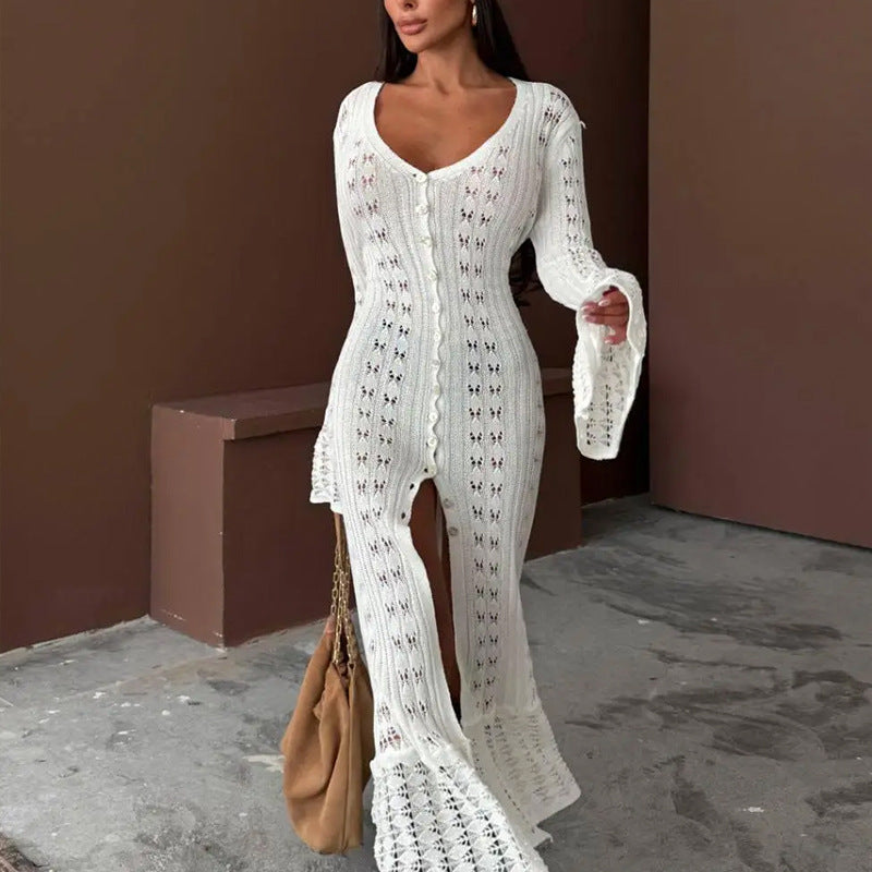 Damens Strickmaxikleid mit nostalgischem Lochmuster und elegantem V-Ausschnitt Mirla-Eva Jonsson