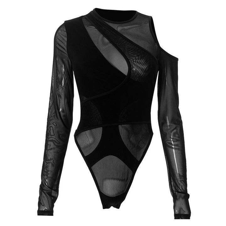 Damens Trendy Bodysuit med asymmetrisk design och transparenta insatser Mirla-Eva Jonsson