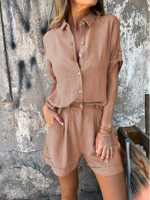 Damens avslappnad jumpsuit-set med knäppbart överdel och elastisk midjeresår Mirla-Eva Jonsson