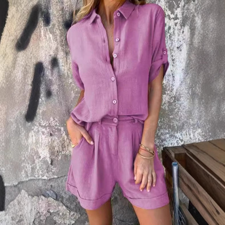 Damens avslappnad jumpsuit-set med knäppbart överdel och elastisk midjeresår Mirla-Eva Jonsson