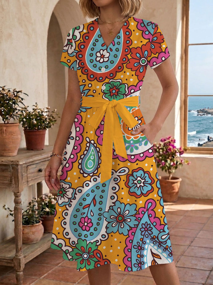 Damens avslappnad maxikläder med justerbar knut och dekorativ rutmönster Mirla-Eva Jonsson