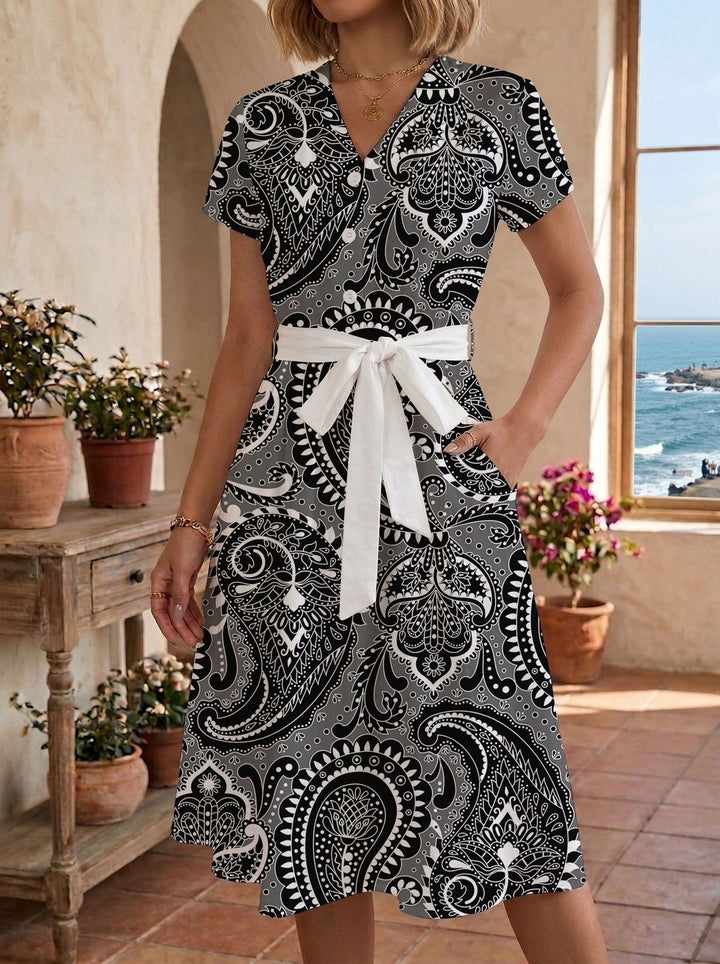 Damens avslappnad maxikläder med justerbar knut och dekorativ rutmönster Mirla-Eva Jonsson