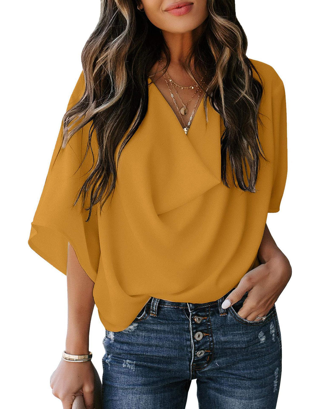 Damens avslappnad oversized topp med draperad V-hals Eva Jonsson-Eva Jonsson