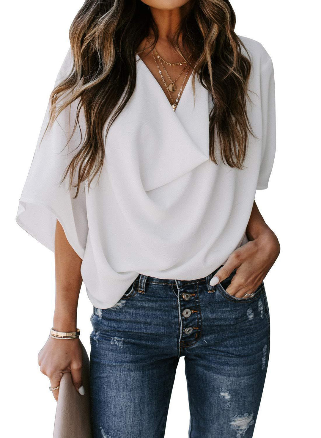 Damens avslappnad oversized topp med draperad V-hals Eva Jonsson-Eva Jonsson