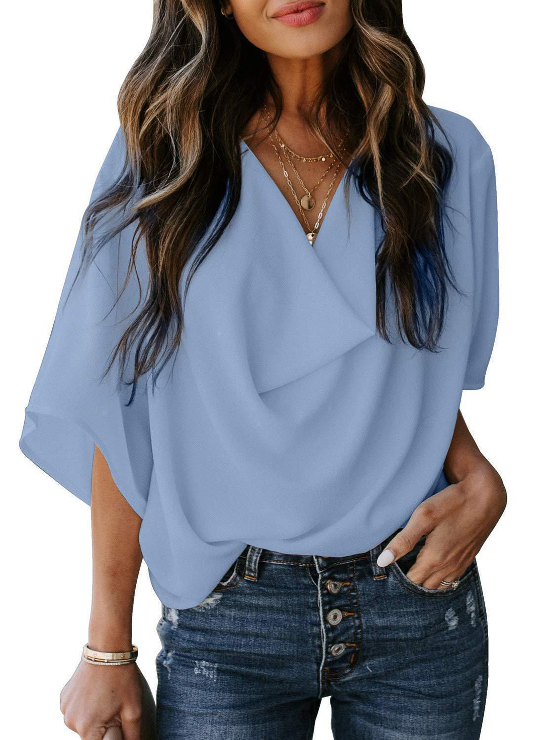 Damens avslappnad oversized topp med draperad V-hals Eva Jonsson-Eva Jonsson