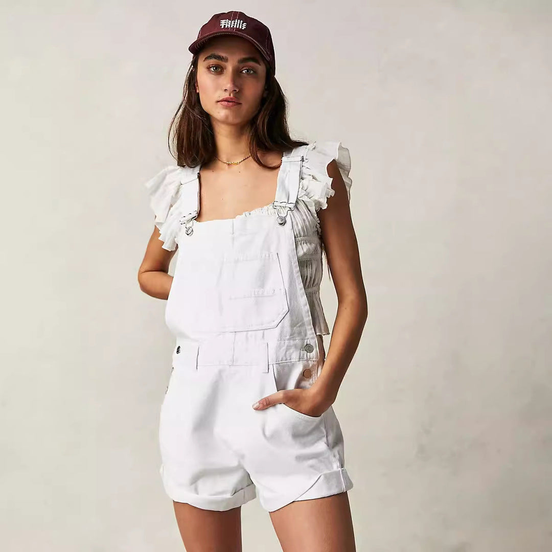 Damens avslappnade denim hängshorts med funktionella fickor och justerbara remmar Mirla-Eva Jonsson