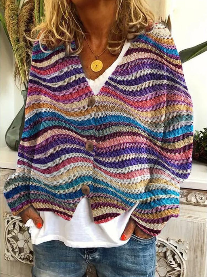 Damens avslappnade stickade cardigan med färgglada ränder och knappdetaljer Mirla-Eva Jonsson