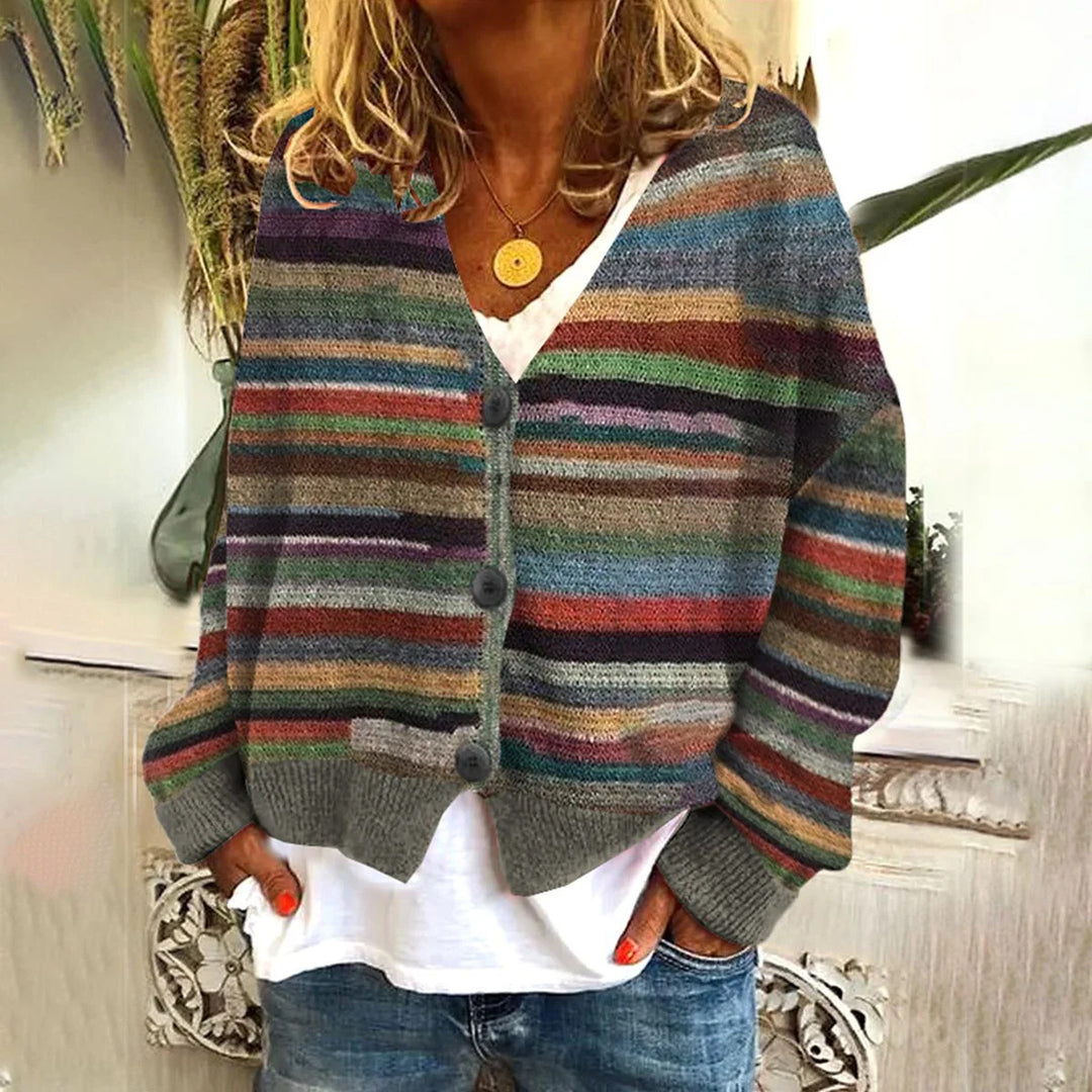 Damens avslappnade stickade cardigan med färgglada ränder och knappdetaljer Mirla-Eva Jonsson