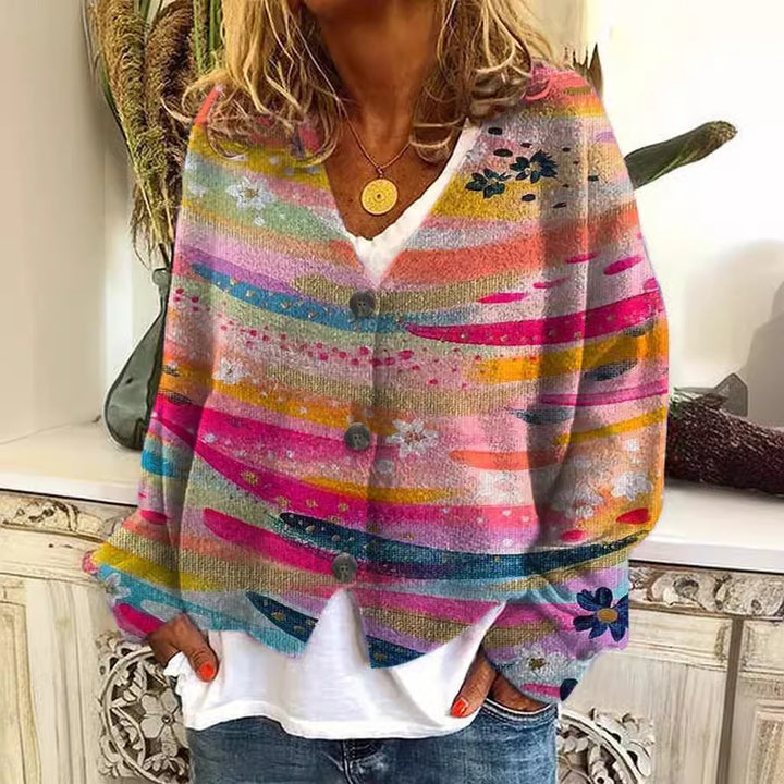 Damens avslappnade stickade cardigan med färgglada ränder och knappdetaljer Mirla-Eva Jonsson