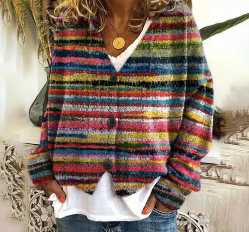 Damens avslappnade stickade cardigan med färgglada ränder och knappdetaljer Mirla-Eva Jonsson