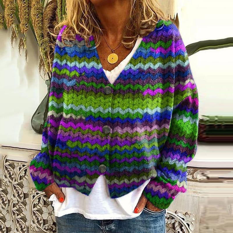 Damens avslappnade stickade cardigan med färgglada ränder och knappdetaljer Mirla-Eva Jonsson