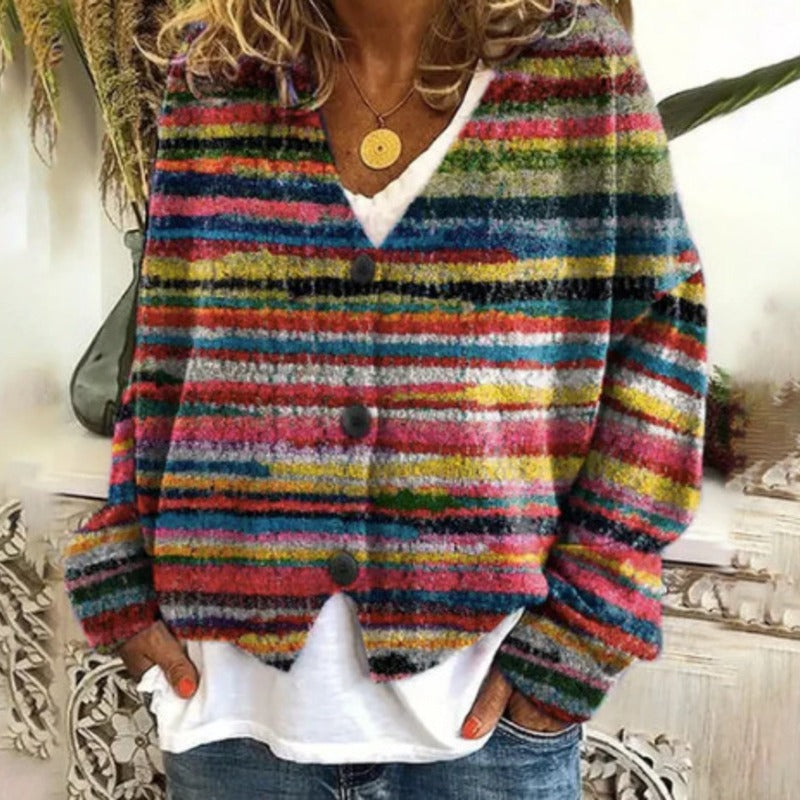 Damens avslappnade stickade cardigan med färgglada ränder och knappdetaljer Mirla-Eva Jonsson