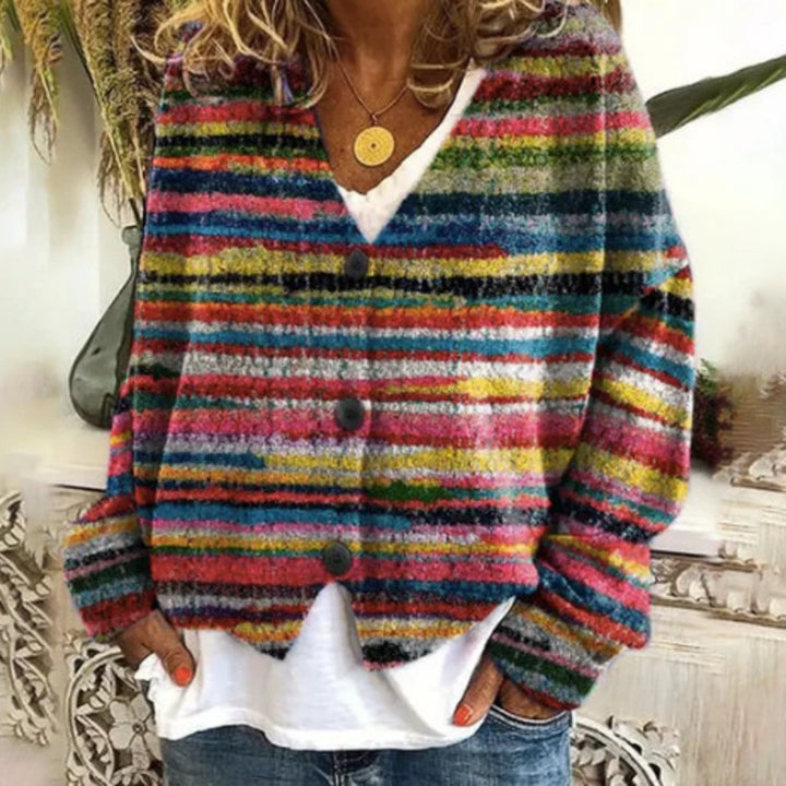 Damens avslappnade stickade cardigan med färgglada ränder och knappdetaljer Mirla-Eva Jonsson