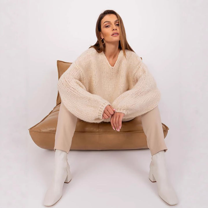 Damens bekväm oversize stickad tröja med voluminösa ärmar och strukturerad design Eva Jonsson-Eva Jonsson