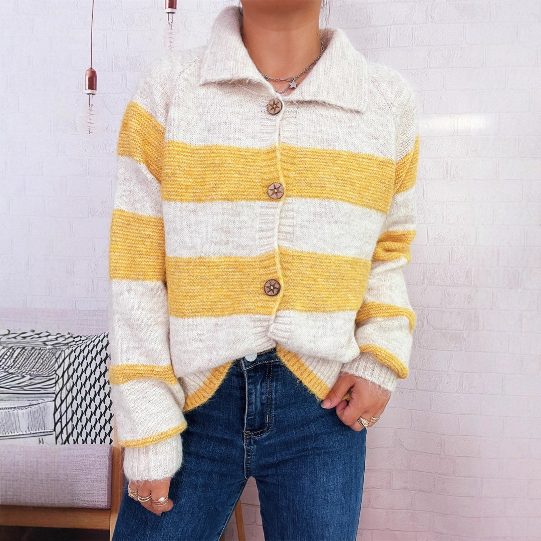 Damens bekväma cardigan med dekorativa träben och breda ränder Mirla-Eva Jonsson
