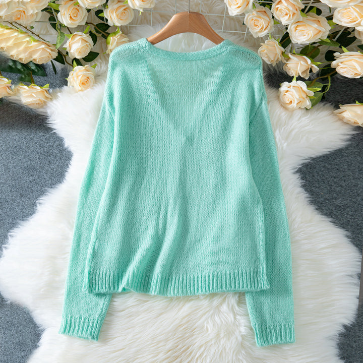 Damens bekväma stickad jacka med V-ringning och avslappnade puffärmar Eva Jonsson-Eva Jonsson