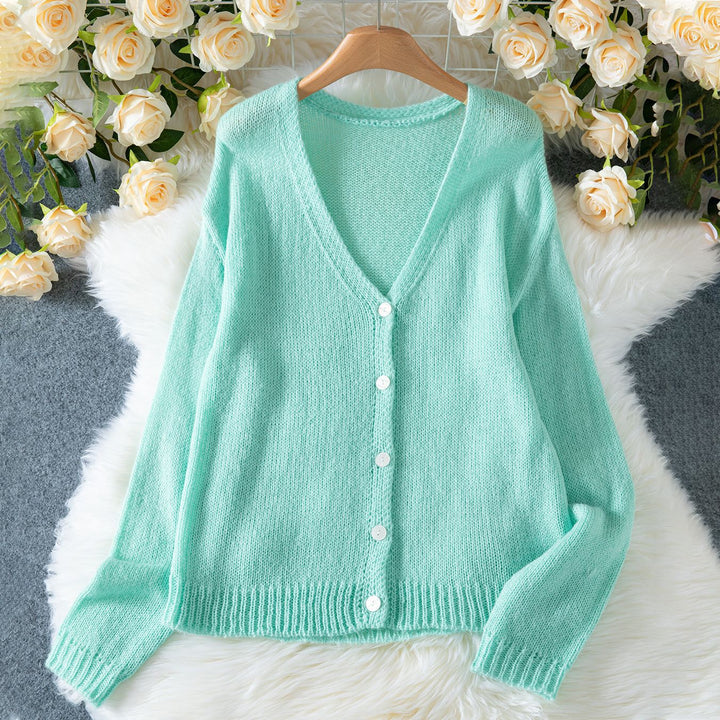 Damens bekväma stickad jacka med V-ringning och avslappnade puffärmar Eva Jonsson-Eva Jonsson