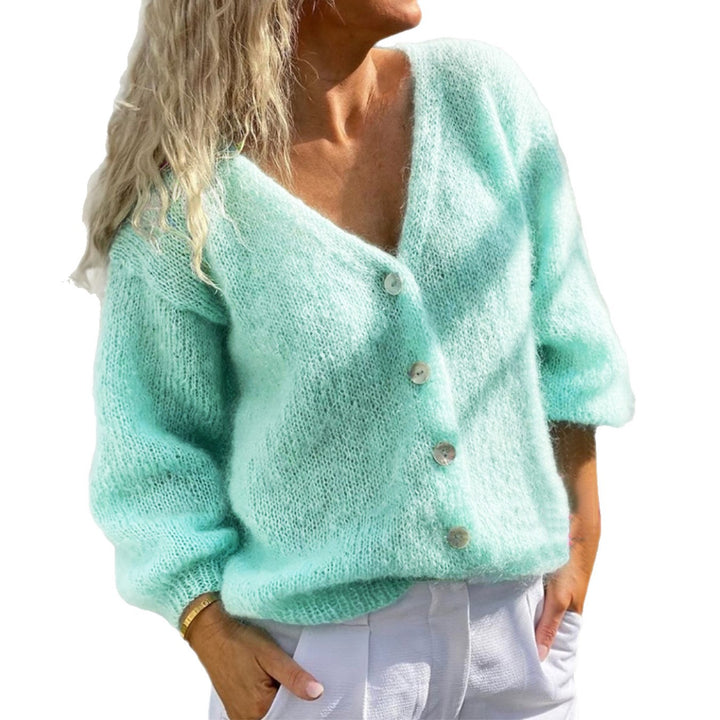Damens bekväma stickad jacka med V-ringning och avslappnade puffärmar Eva Jonsson-Eva Jonsson