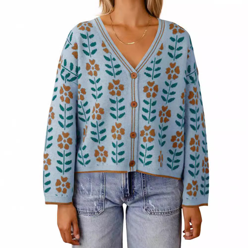 Damens cardigan med blommönster och knapppdetaljer Mirla-Eva Jonsson