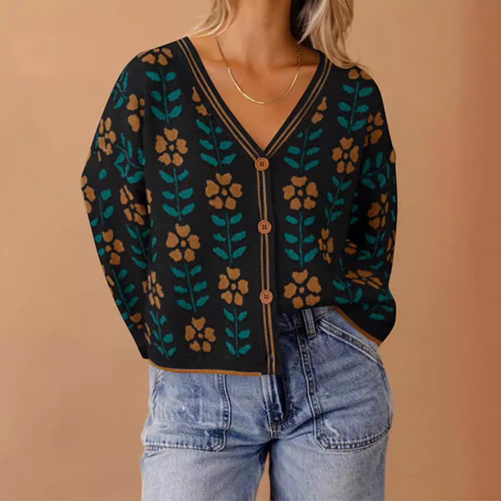 Damens cardigan med blommönster och knapppdetaljer Mirla-Eva Jonsson