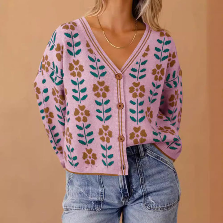 Damens cardigan med blommönster och knapppdetaljer Mirla-Eva Jonsson