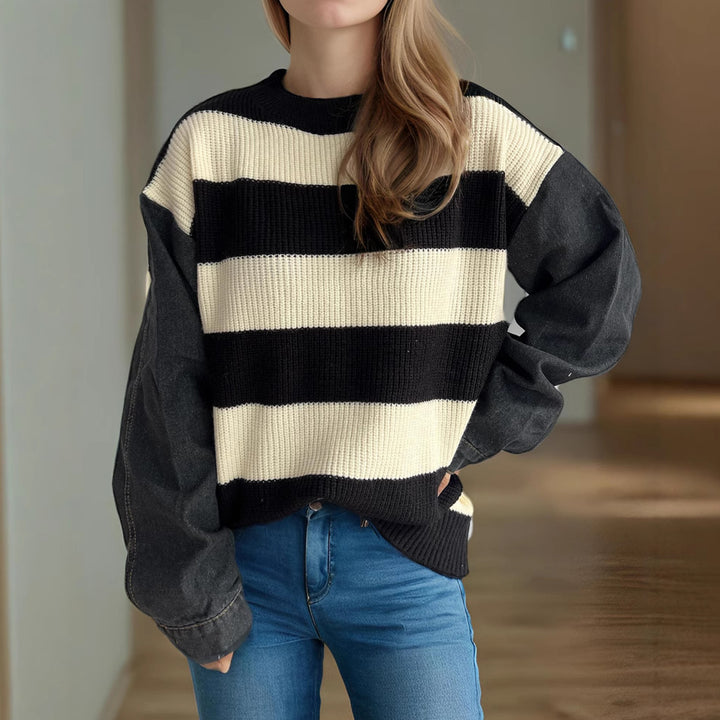 Damens casual stickad tröja med iögonfallande blockrandmönster och vida ärmar Mirla-Eva Jonsson