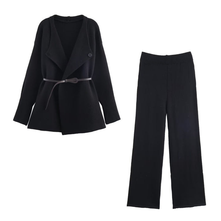 Damens elegant stickat set med figursydd blazer och vida byxben Eva Jonsson-Eva Jonsson
