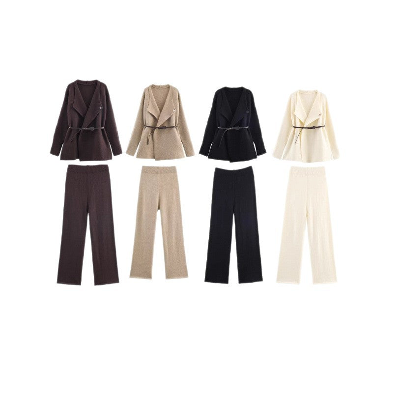 Damens elegant stickat set med figursydd blazer och vida byxben Eva Jonsson-Eva Jonsson