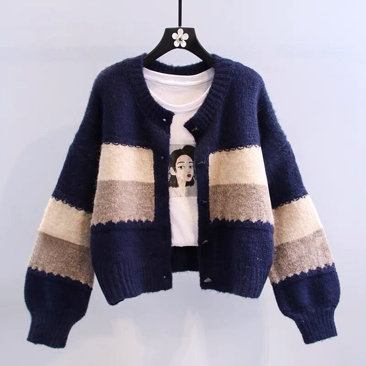Damens fashionabla cardigan med kontrasterande blockränder Mirla-Eva Jonsson