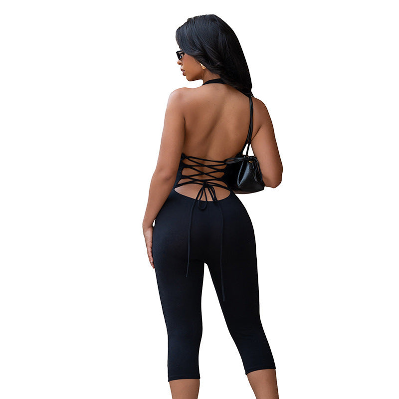 Damens figurnära Jersey-Jumpsuit med djup V-ringning och 3/4-ärmar Mirla-Eva Jonsson