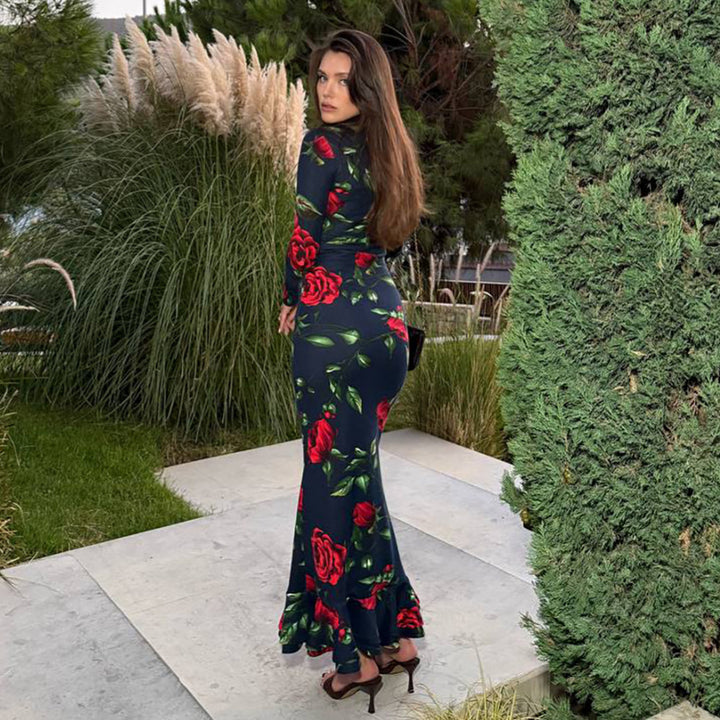 Damens figurnära Maxiklänning med blommönster och volangkant Mirla-Eva Jonsson