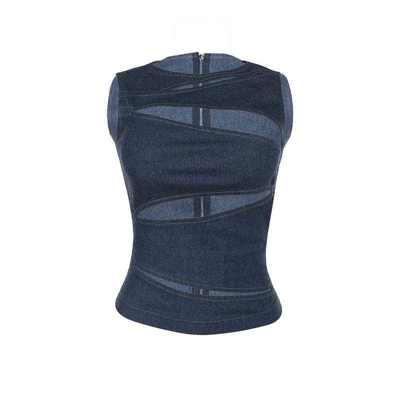 Damens figurnära denim-topp med asymmetriska cut-outs och stilig design Mirla-Eva Jonsson