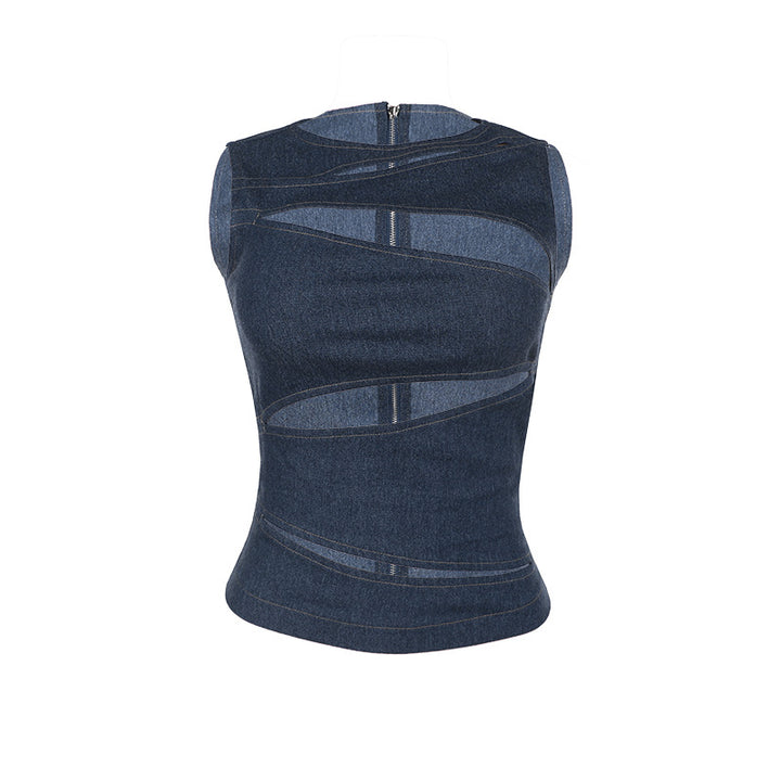Damens figurnära denim-topp med asymmetriska cut-outs och stilig design Mirla-Eva Jonsson