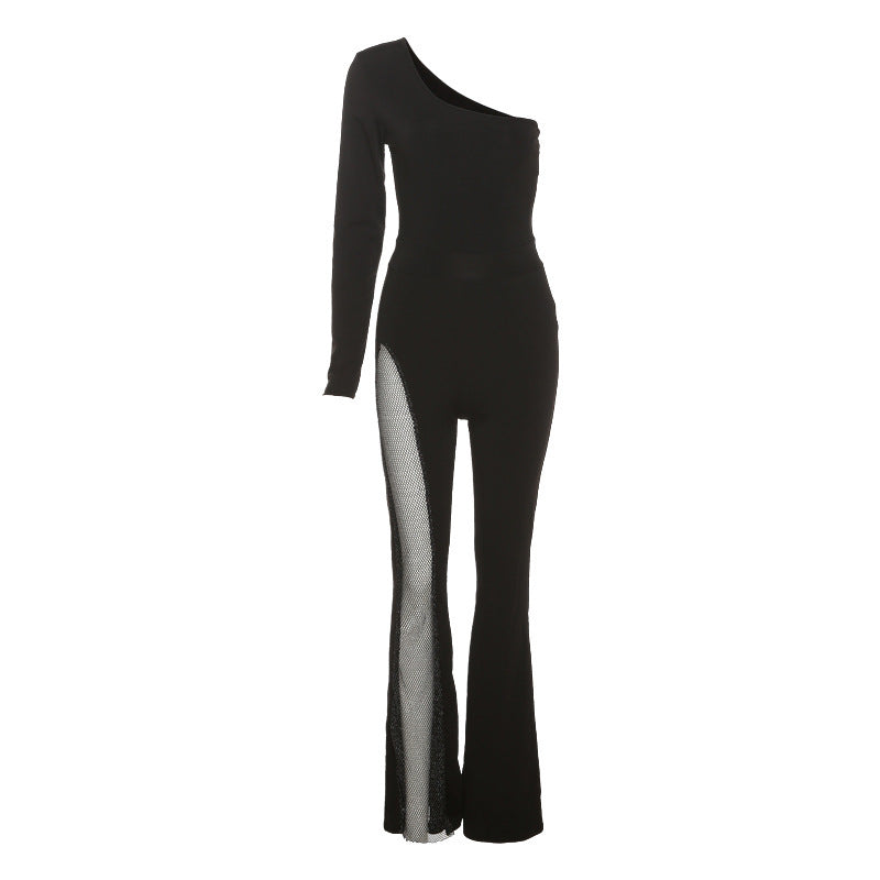 Damens figursydd jumpsuit med asymmetrisk utkärning och nätpaneler vid sidan Mirla-Eva Jonsson