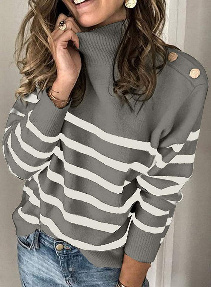 Damens högkortsad tröja med randmönster och dekorativa knappar Eva Jonsson-Eva Jonsson