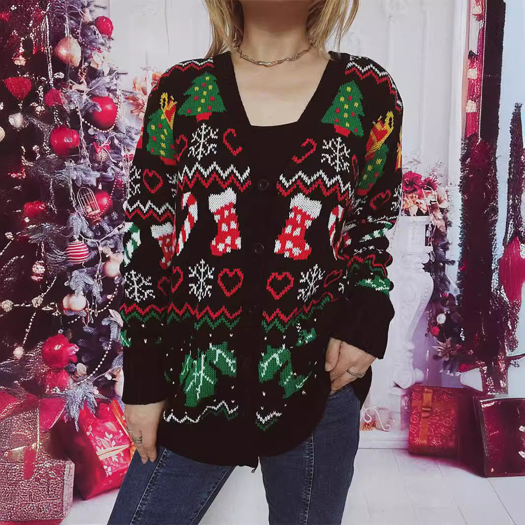 Damens jul-stickjacka med festligt motiv och praktisk knäppning Mirla-Eva Jonsson