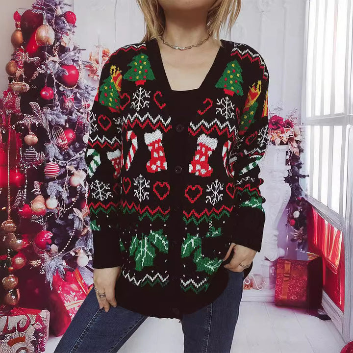 Damens jul-stickjacka med festligt motiv och praktisk knäppning Mirla-Eva Jonsson