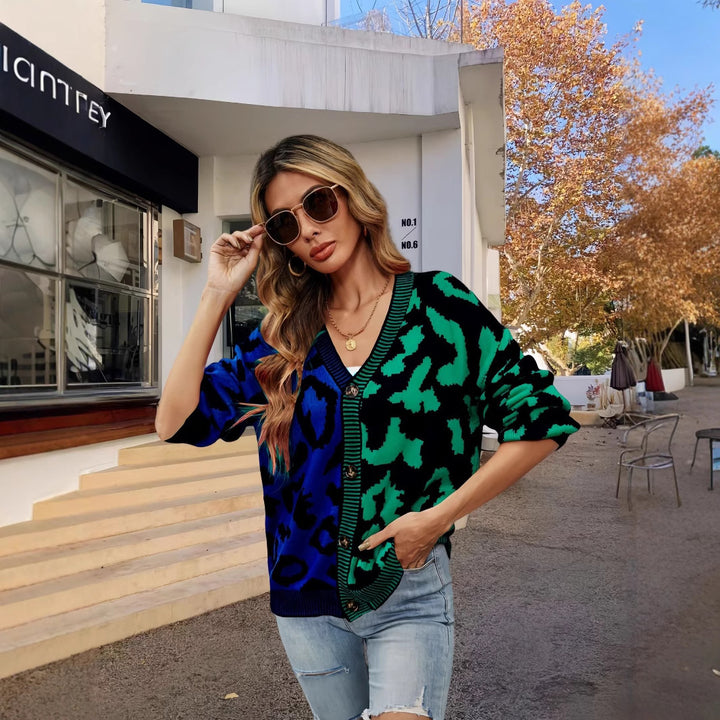 Damens lätt stickad jacka med färgglad leopardmönster Eva Jonsson-Eva Jonsson