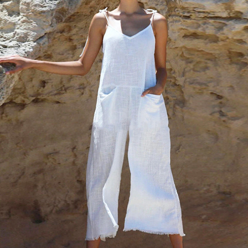 Damens linne-jumpsuit med stilfull V-ringning och praktiska fickor Mirla-Eva Jonsson