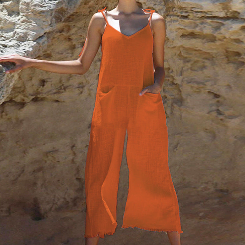 Damens linne-jumpsuit med stilfull V-ringning och praktiska fickor Mirla-Eva Jonsson