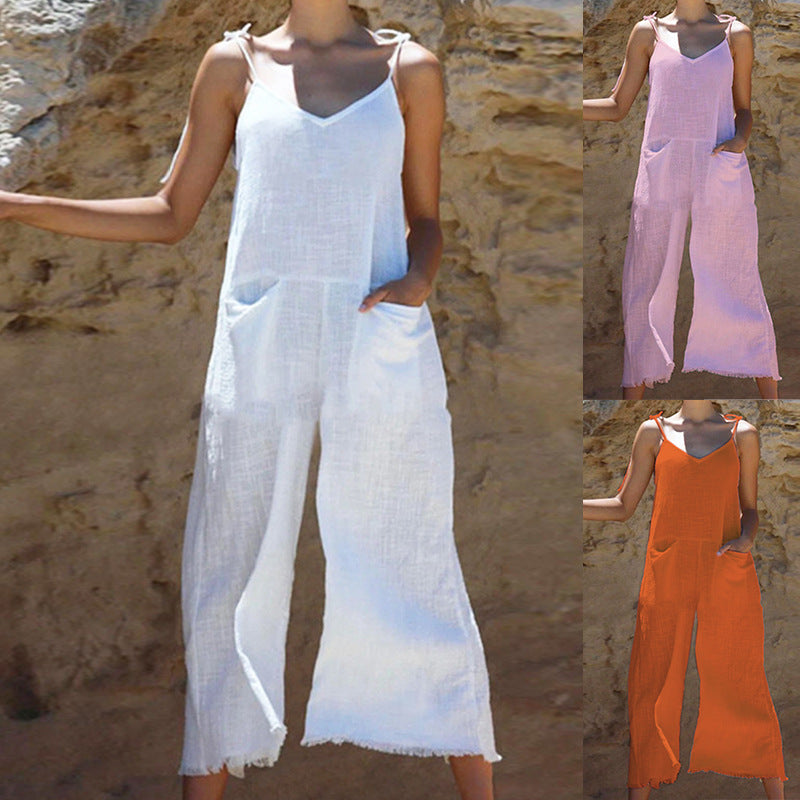 Damens linne-jumpsuit med stilfull V-ringning och praktiska fickor Mirla-Eva Jonsson