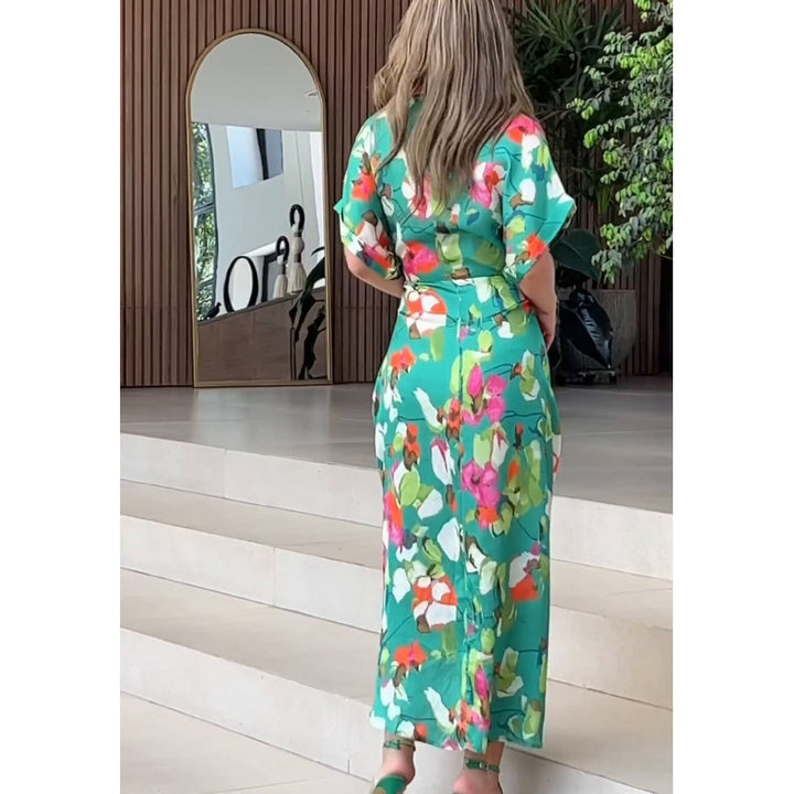 Damens luftig kaftan med blommönster och dekorativ knut Eva Jonsson-Eva Jonsson