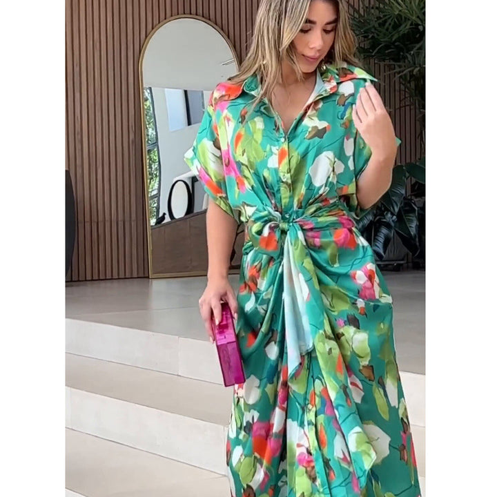 Damens luftig kaftan med blommönster och dekorativ knut Eva Jonsson-Eva Jonsson
