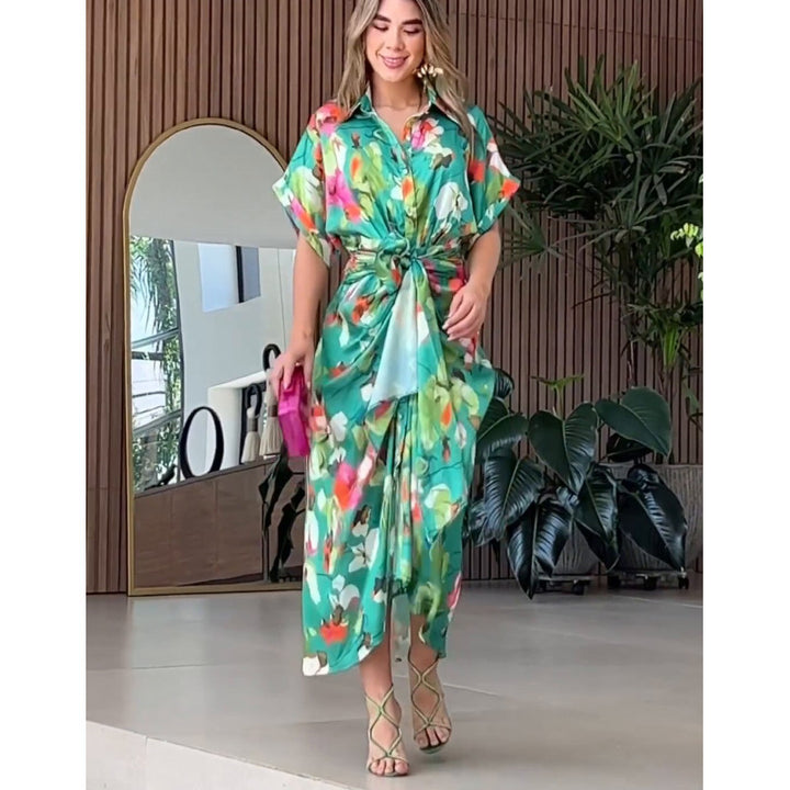Damens luftig kaftan med blommönster och dekorativ knut Eva Jonsson-Eva Jonsson