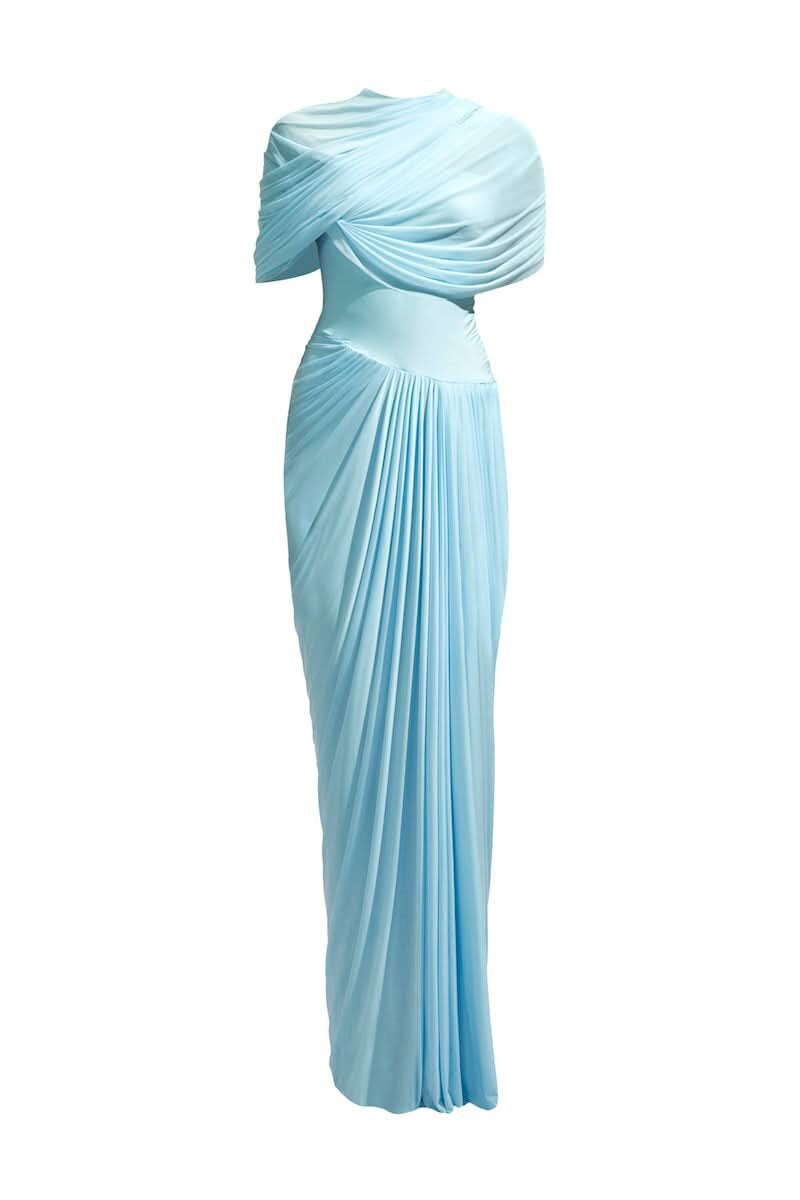 Damens maxikjol med elegant drapering och asymmetriska cut-outs Mirla-Eva Jonsson