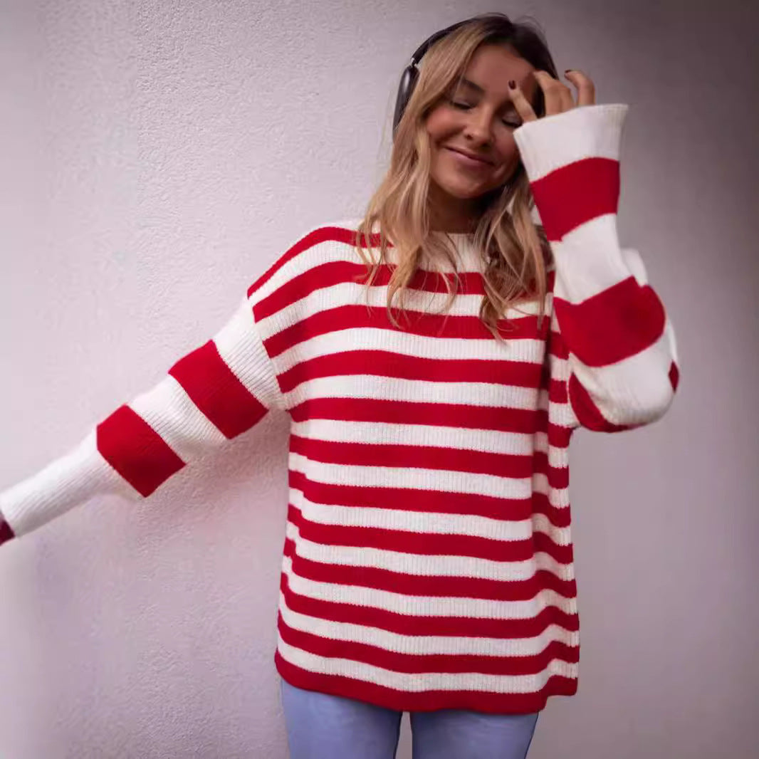 Damens moderiktiga chunky stickade tröja med iögonfallande randmönster Mirla-Eva Jonsson