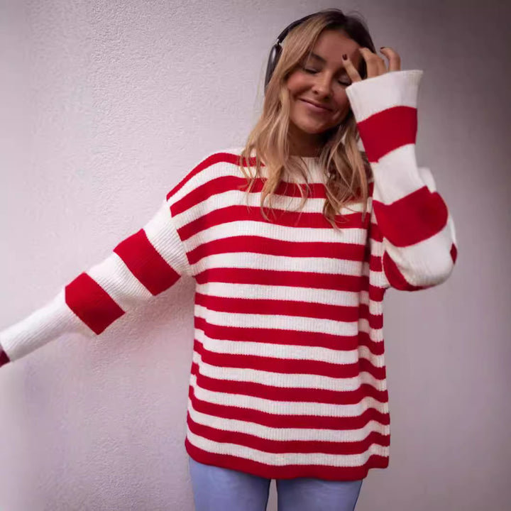 Damens moderiktiga chunky stickade tröja med iögonfallande randmönster Mirla-Eva Jonsson