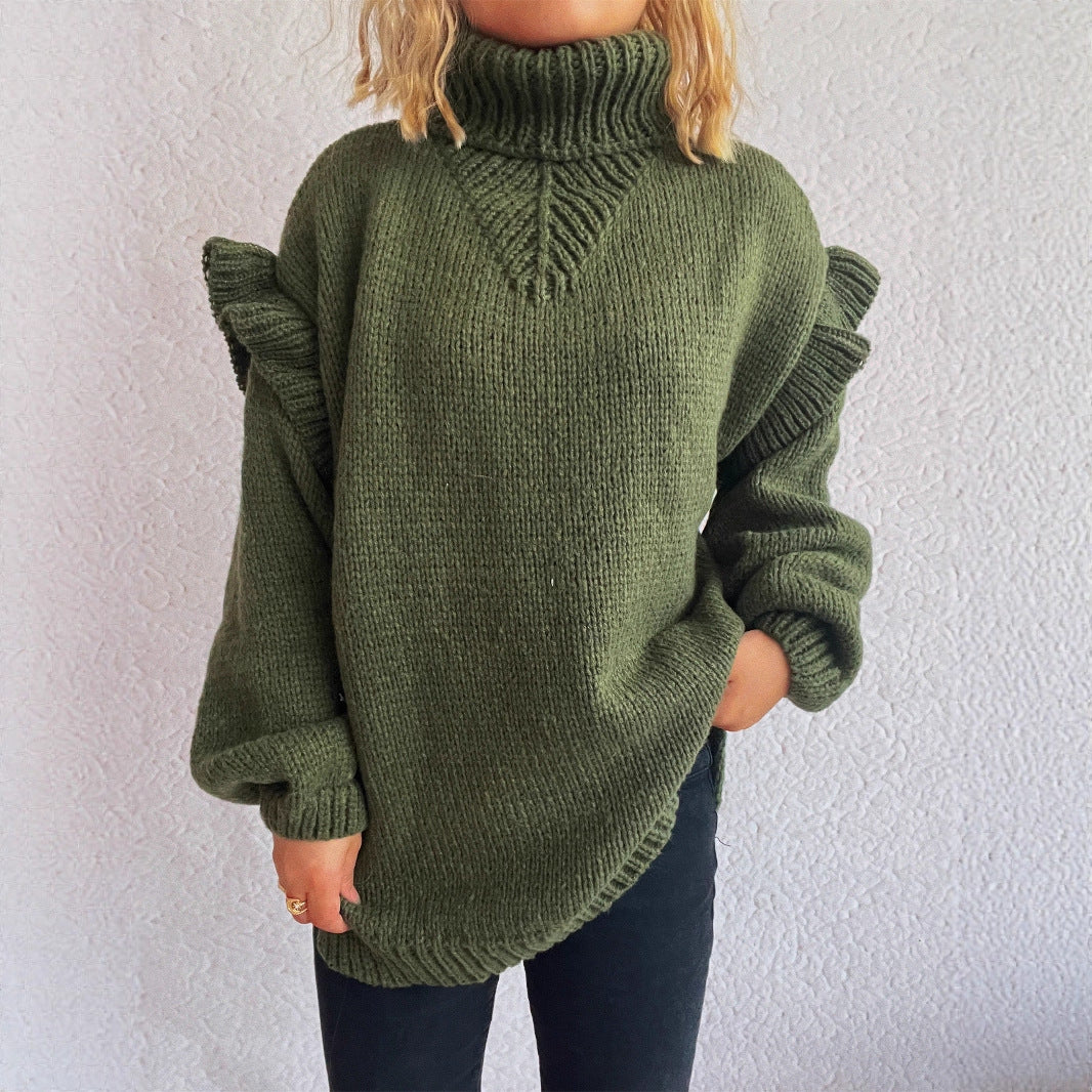 Damens mysiga stricktröja med volangärmar och hög krage Mirla-Eva Jonsson